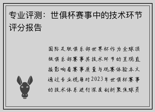 专业评测：世俱杯赛事中的技术环节评分报告